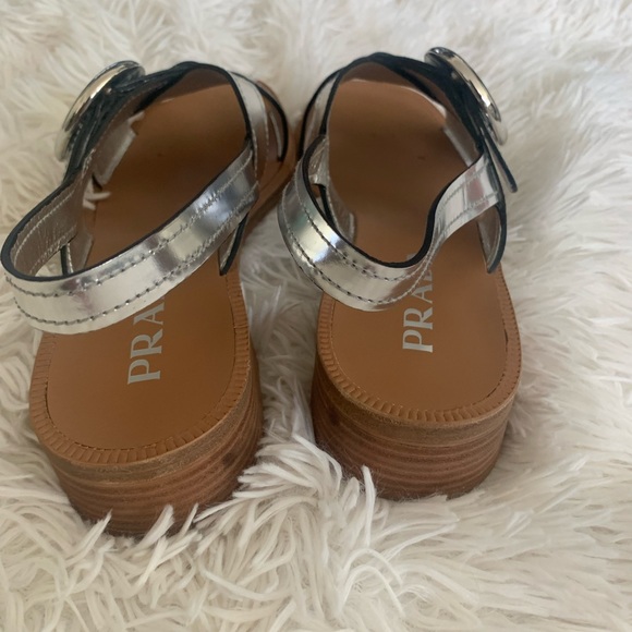 Prada Silver Leather Slingback Block-Heel Sandals - Picture 10 of 10